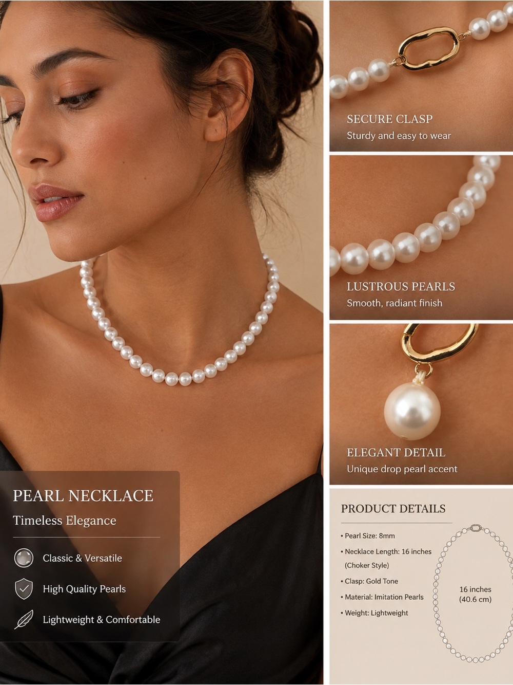 Classic White Pearl Necklace with Gold Tone Clasp